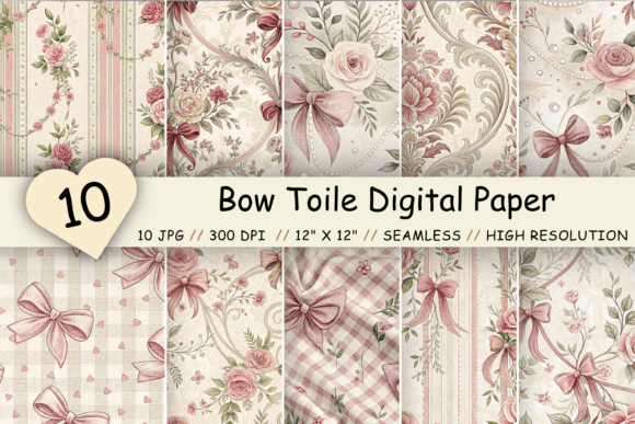 Bow Toile Digital Paper Pack, Vintage Ribbon Florals