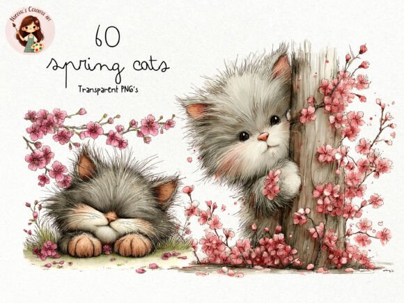 Charming Spring Cat Clipart for Whimsical Design Projects