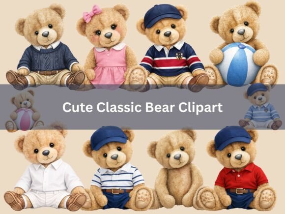 Classic Preppy Teddy Bear Clipart: Timeless Storybook Charm