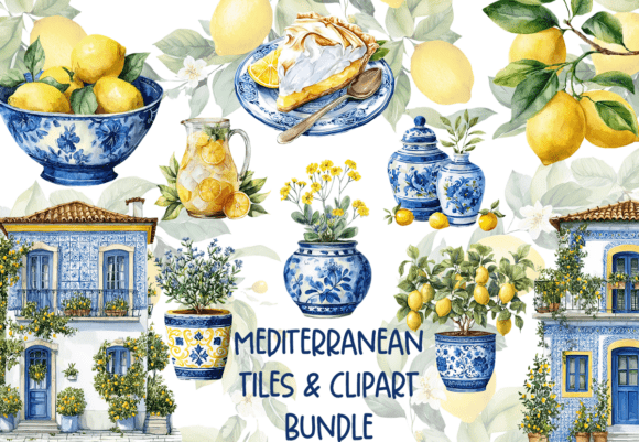 Mediterranean Tile & Lemon Clipart Set: A Sunny Design Asset