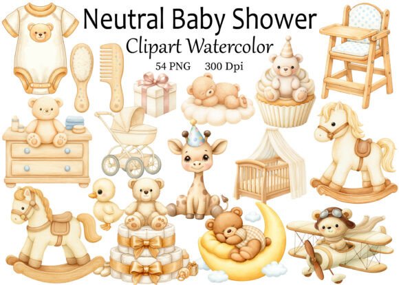Neutral Baby Shower Clipart Watercolor for Gentle Designs