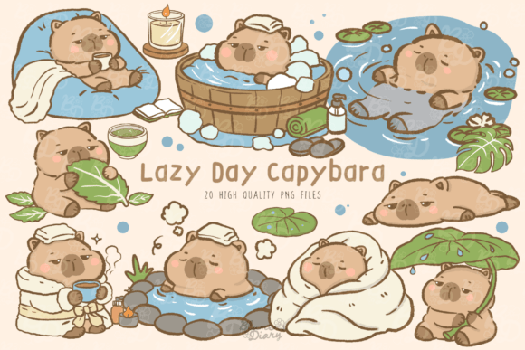 The Gentle Charm of Kawaii Lazy Capybara Clipart