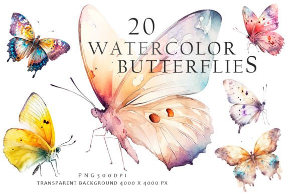 Watercolor Butterflies Clipart: 20 PNGs for Elegant Design